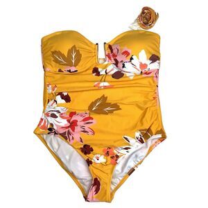 Floral One Piece Swimsuit Women's M Yellow Removable Strap High Coverage